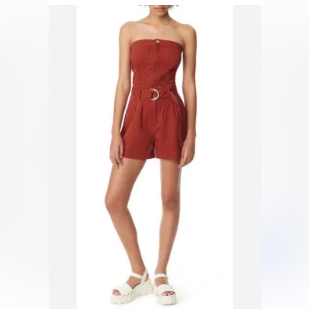 Circus NY Strapless Belted Twill Romper in Brandy Brown